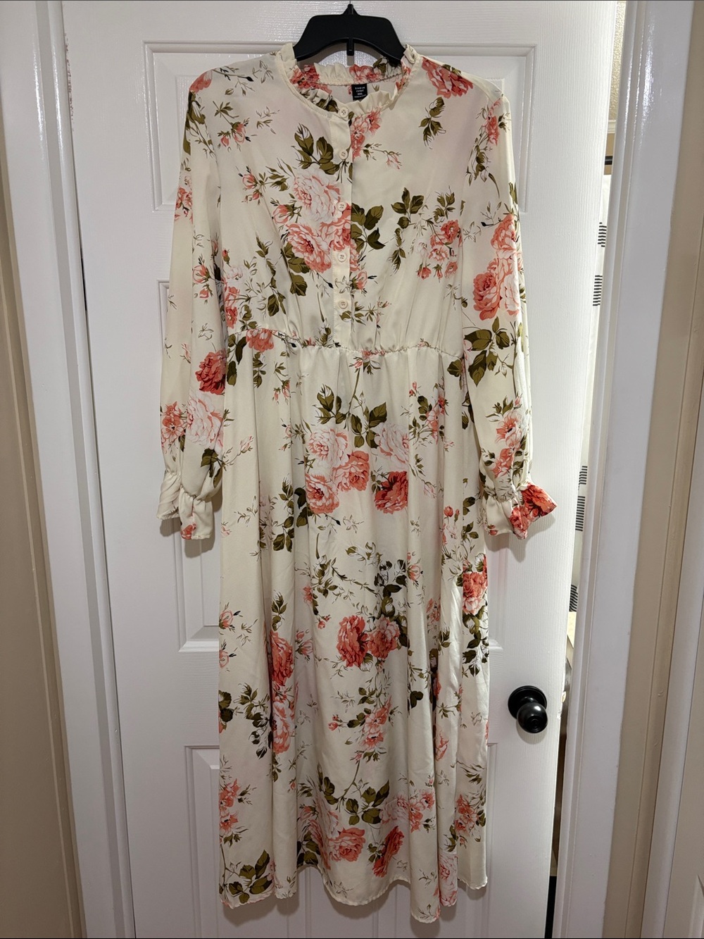 Floral Long Sleeve Midi Dress - Cream with Pink Roses